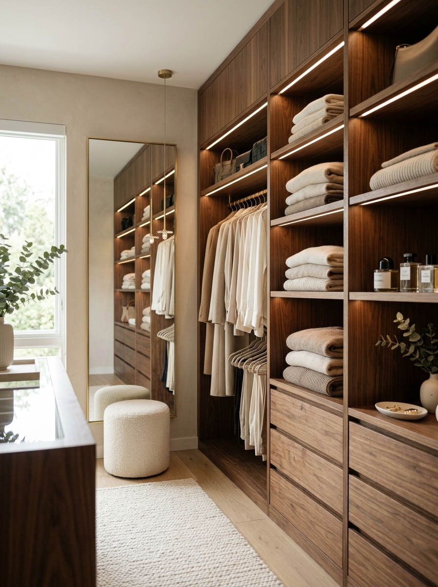 Soft Walnut Minimalist Walk-In Closet
