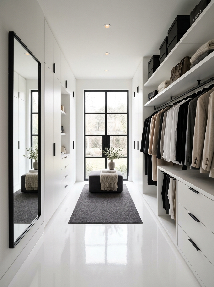 Minimalist Black and White Walk-In Closet