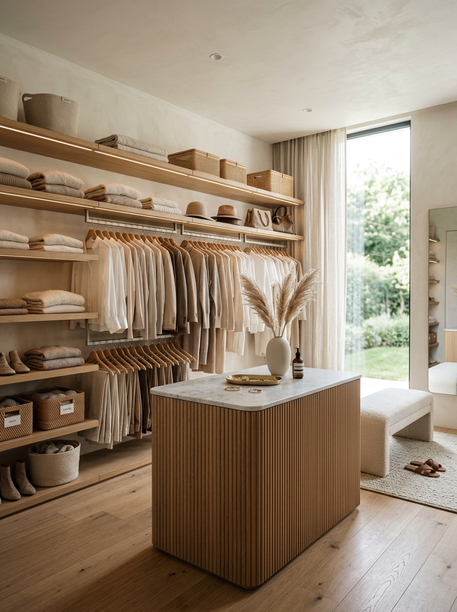 Warm Scandinavian Walk-In Closet with Floating Oak Shelves