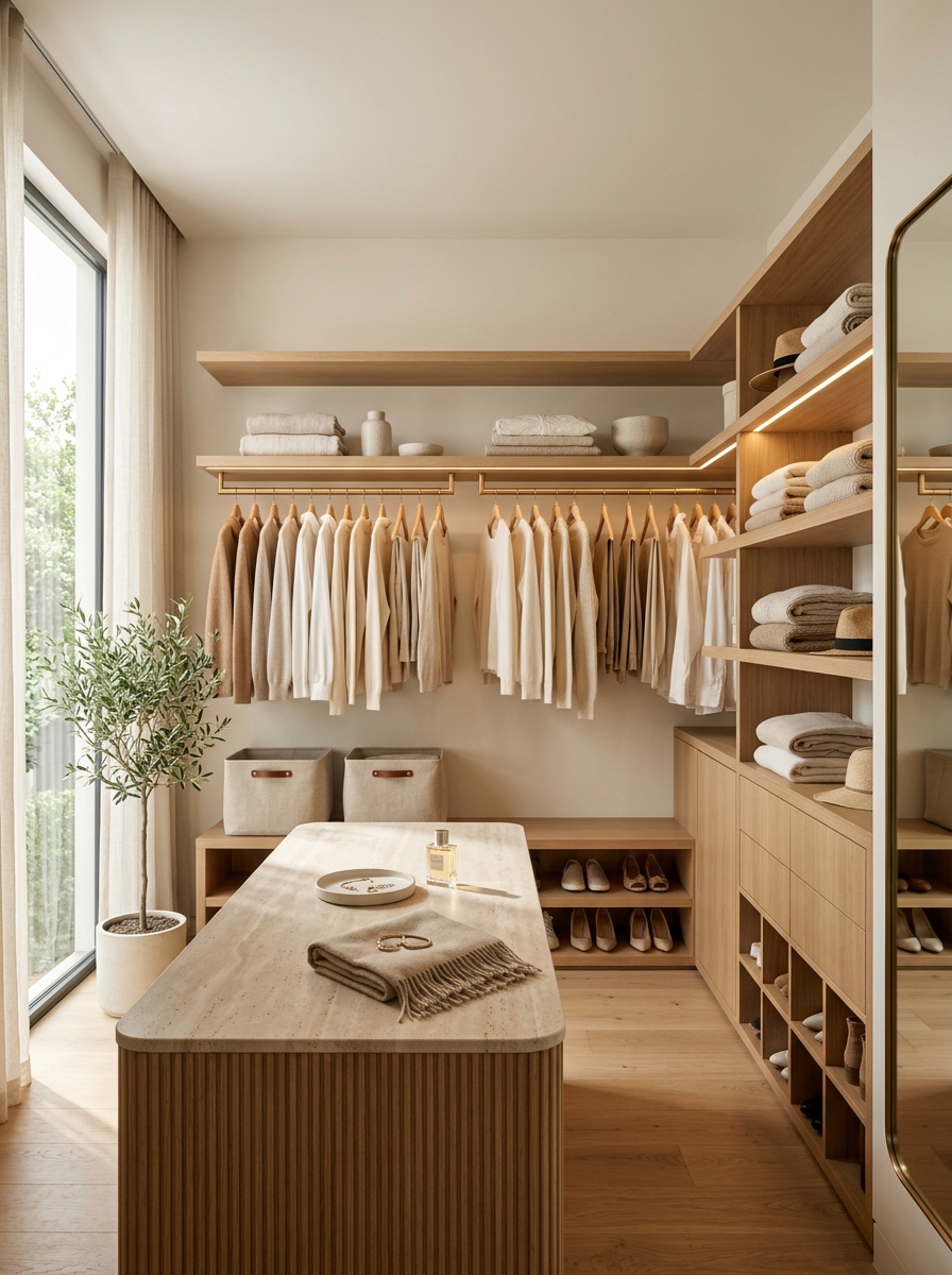 Warm Scandinavian Walk-In Closet with Floating Oak Shelves
