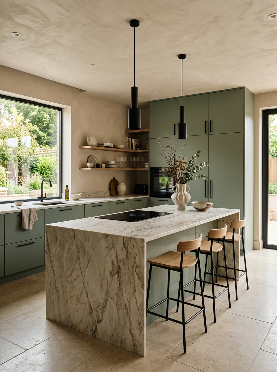Modern Sage Green Kitchen With Black Accents