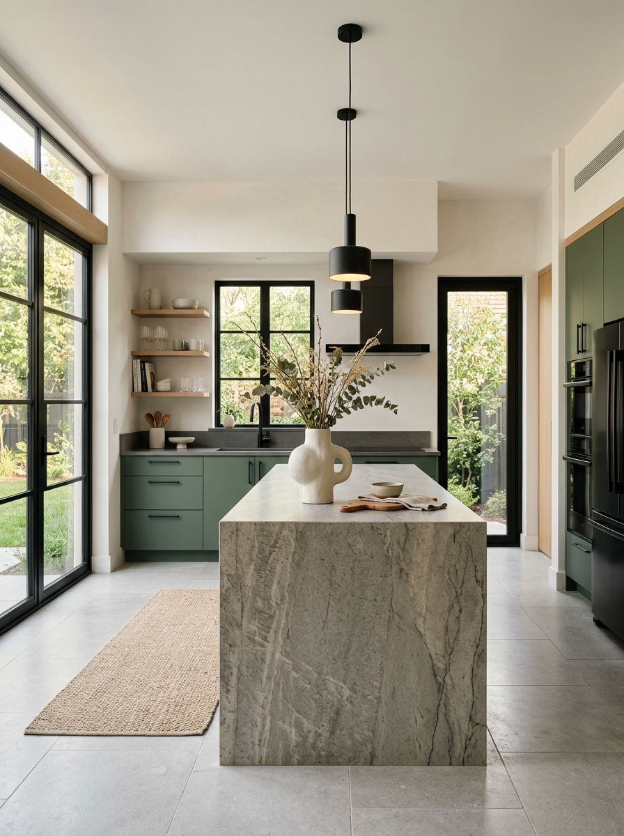 Modern Sage Green Kitchen With Black Accents