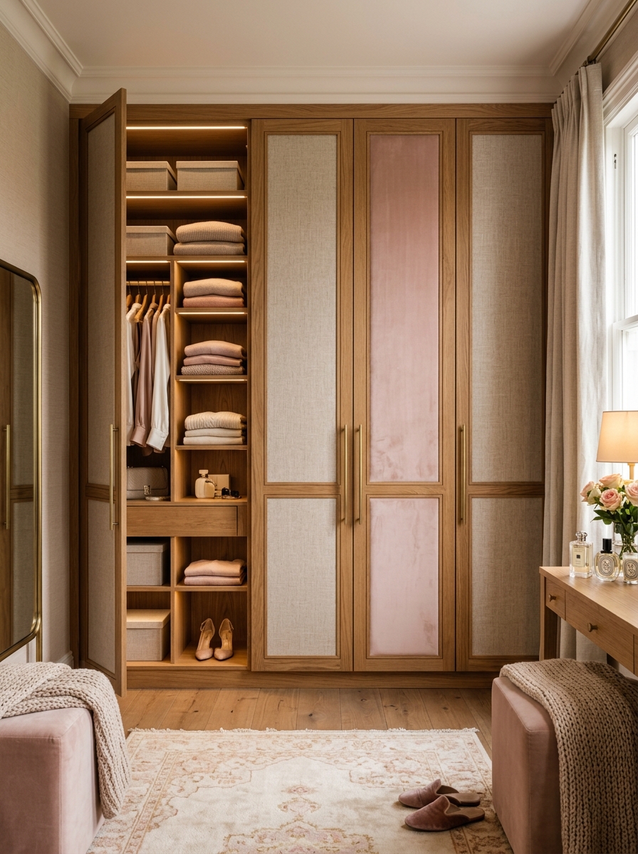 Warm Wood Closet with Fabric Panel Inserts
