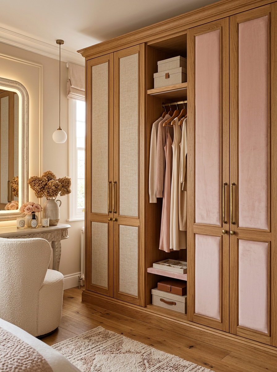 Warm Wood Closet with Fabric Panel Inserts