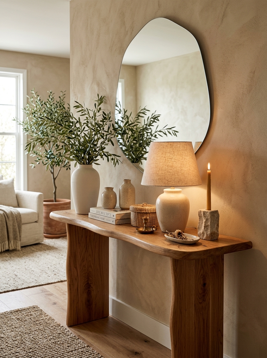 Warm Wood Console Table with Organic Neutral Styling