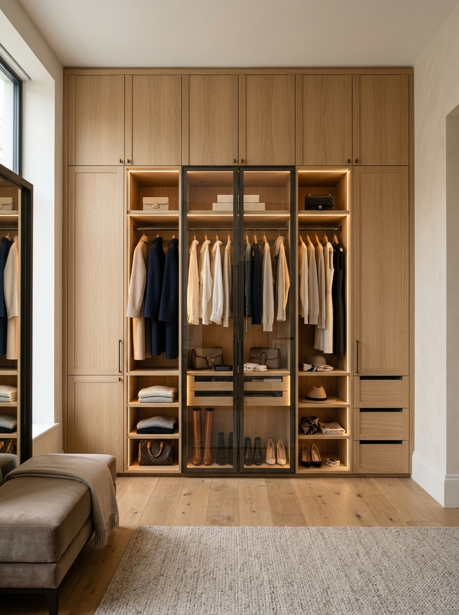 Floor-to-Ceiling Oak Closet with Soft Ambient Lighting