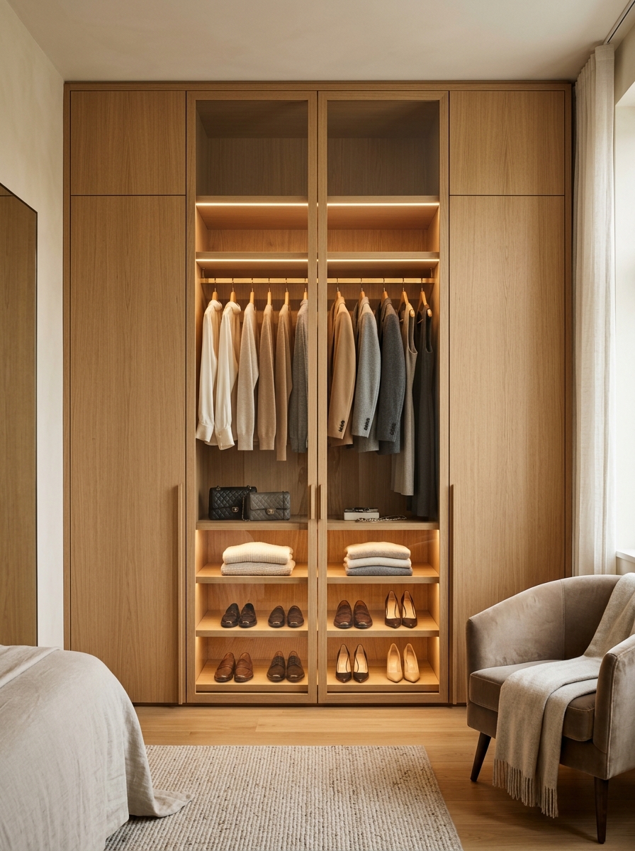 Floor-to-Ceiling Oak Closet with Soft Ambient Lighting