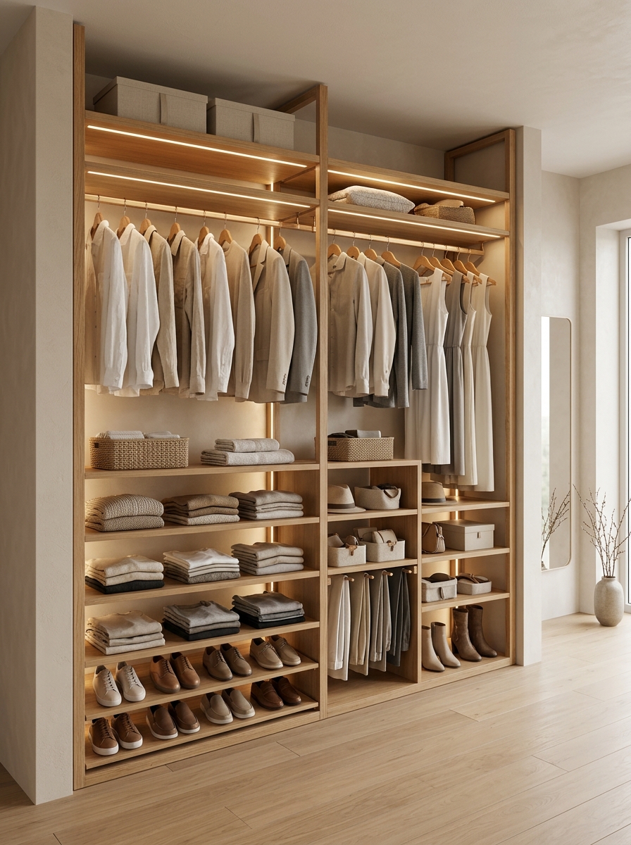 Open Concept Minimalist Closet with Warm Wood Frames