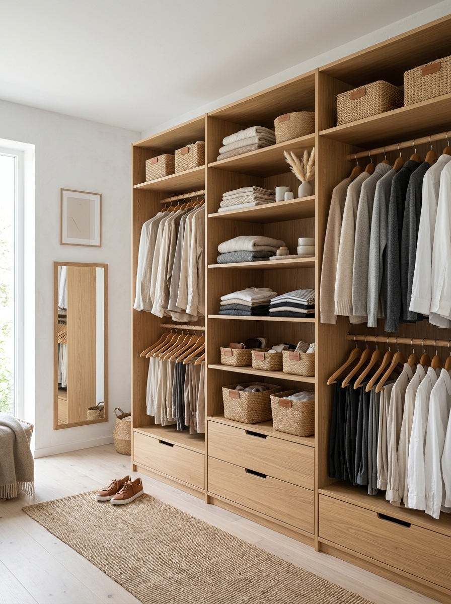 Scandinavian Warm Wood Open Closet System
