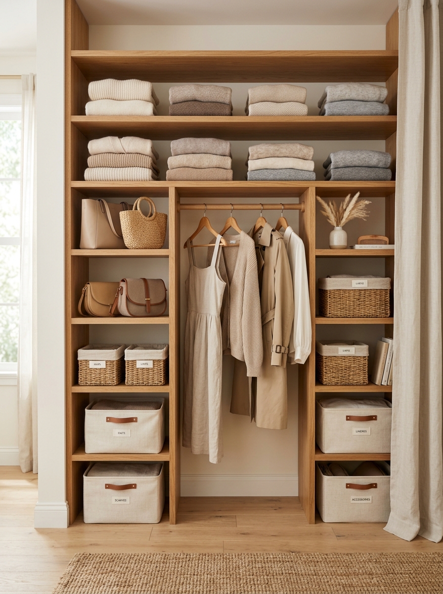 Open Shelf Neutral Closet with Styled Displays