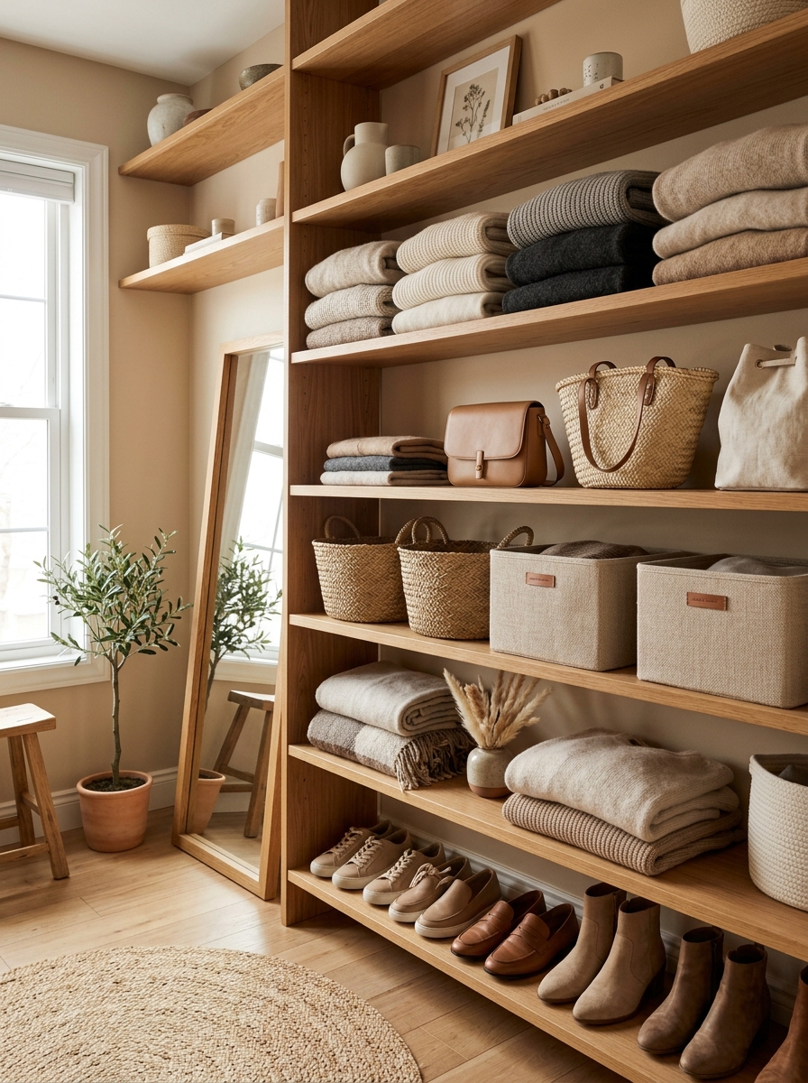 Open Shelf Neutral Closet with Styled Displays