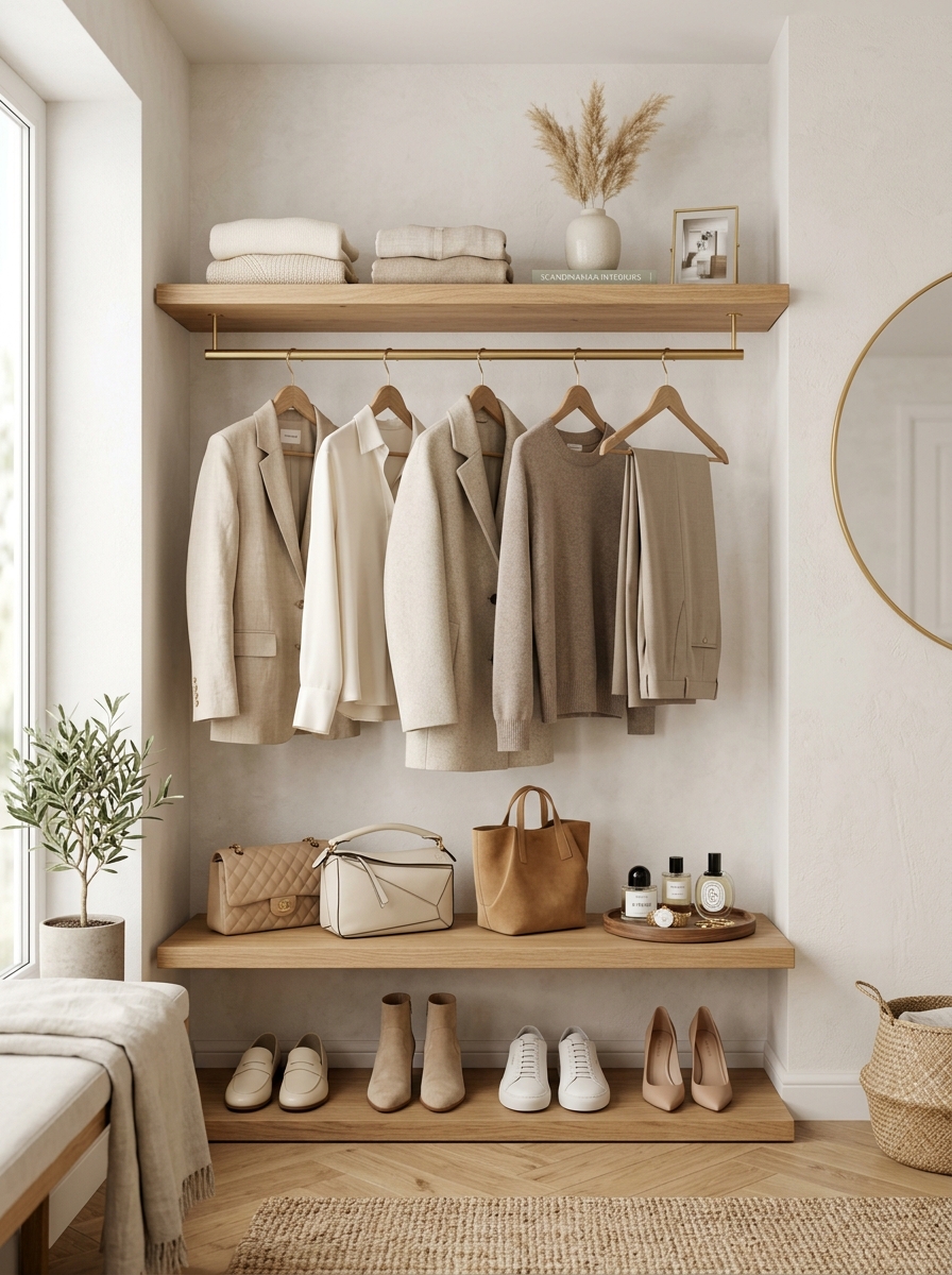 Open Concept Warm Wood Closet with Floating Shelves