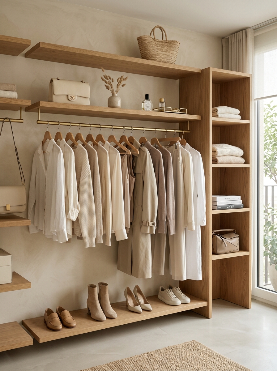 Open Concept Warm Wood Closet with Floating Shelves