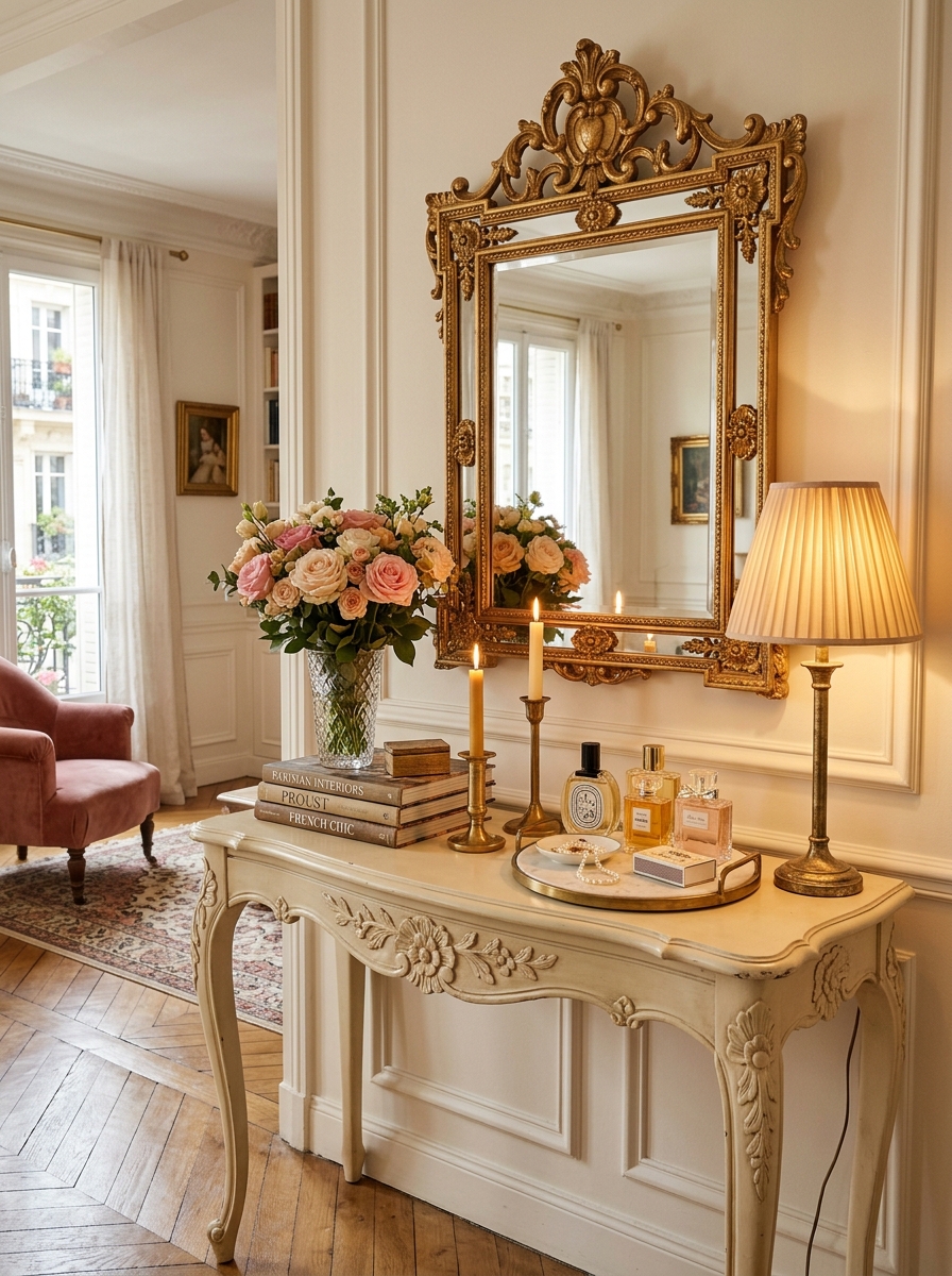 Vintage Feminine Console Table with Parisian Apartment Charm