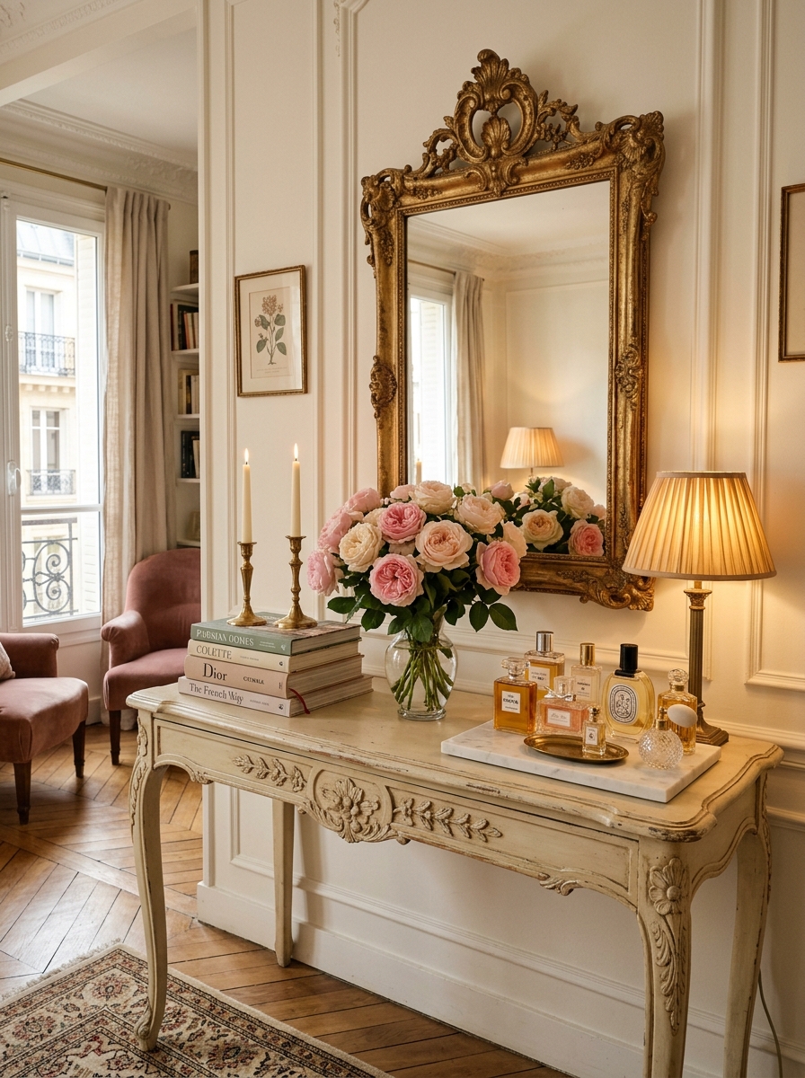 Vintage Feminine Console Table with Parisian Apartment Charm