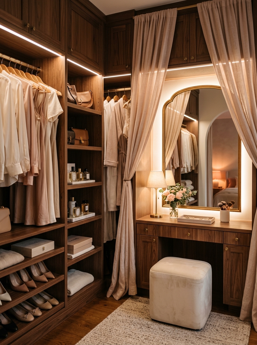 Romantic Warm Wood Closet with Draped Fabric Accents
