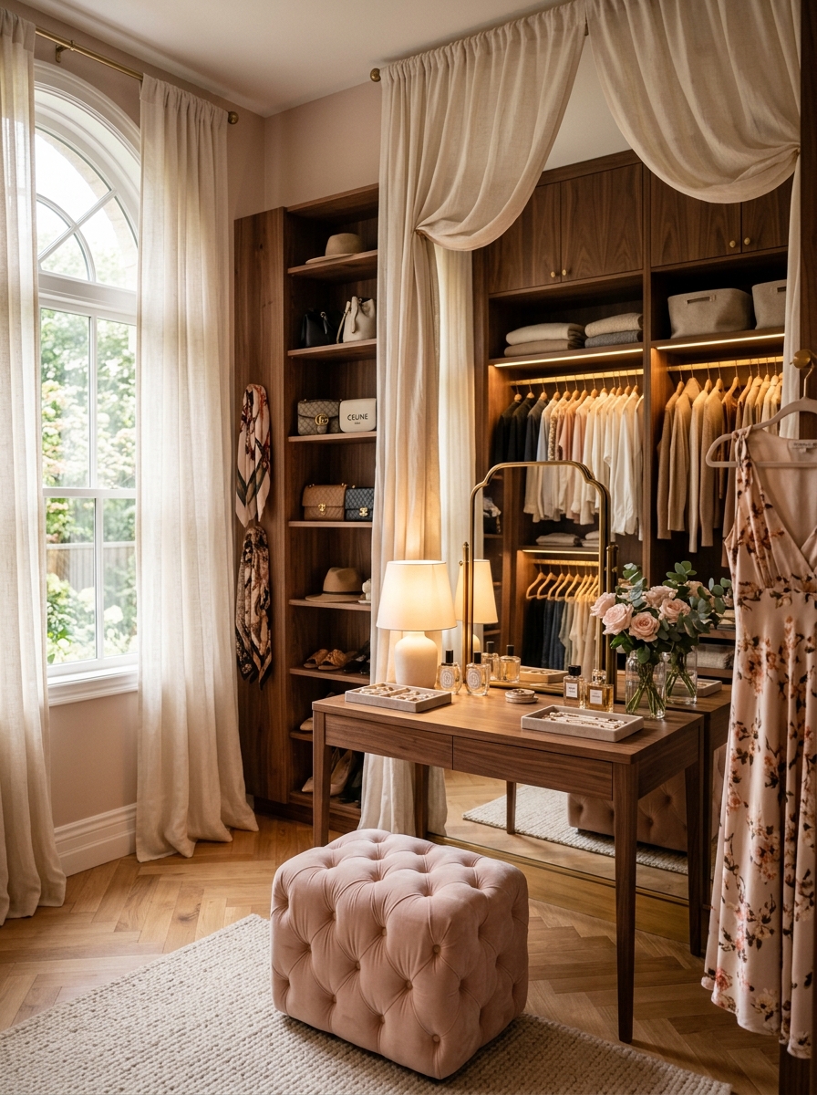 Romantic Warm Wood Closet with Draped Fabric Accents
