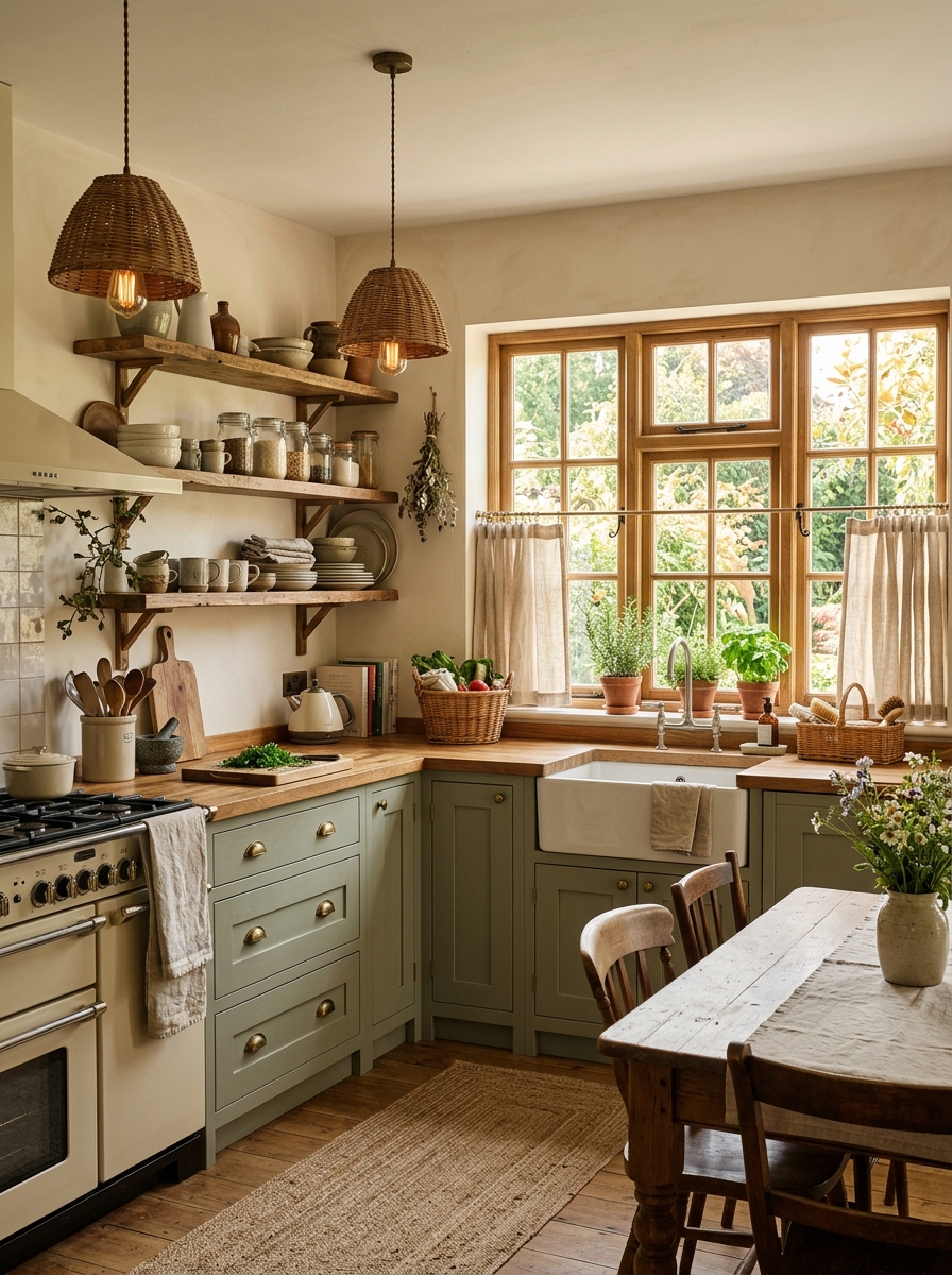 Soft Sage Green Farmhouse Kitchen with Natural Textures