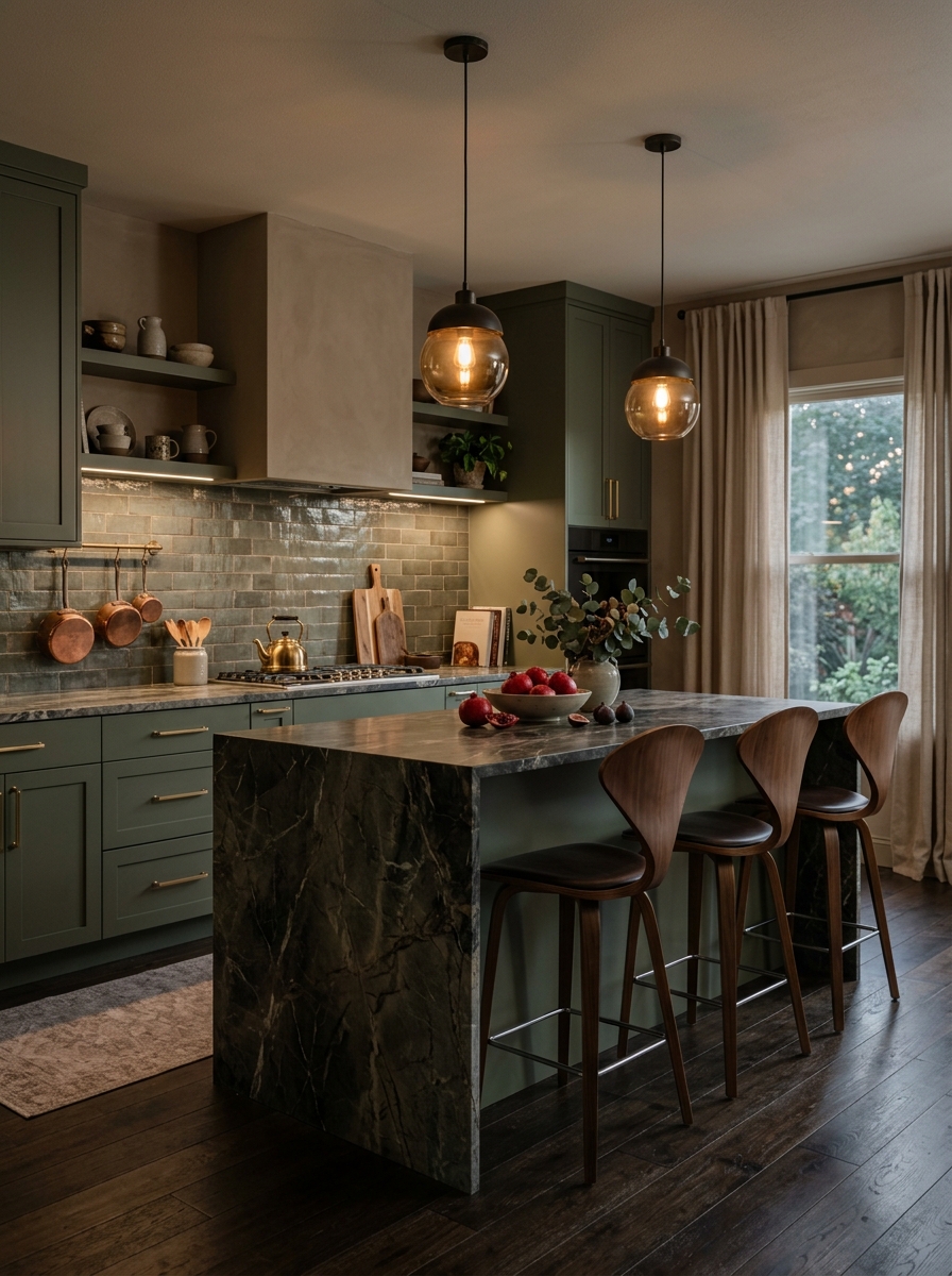 Moody Sage Green Kitchen With Gold Details