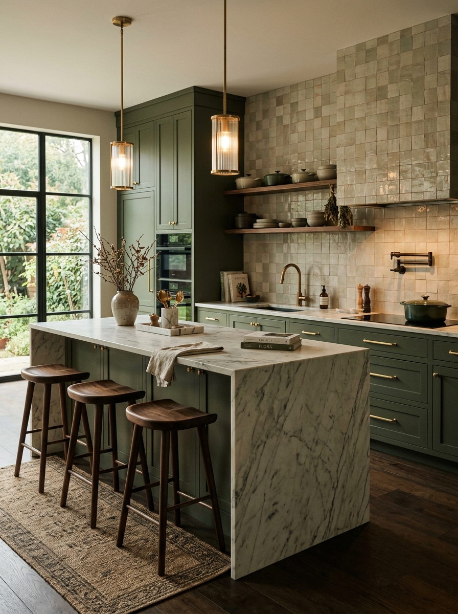 Moody Sage Green Kitchen With Gold Details