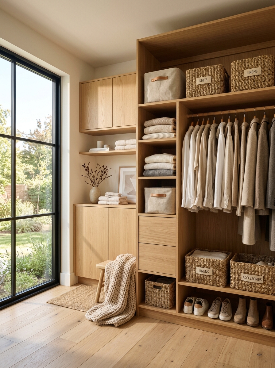 Minimalist Wooden Closet With Cozy Scandinavian Styling