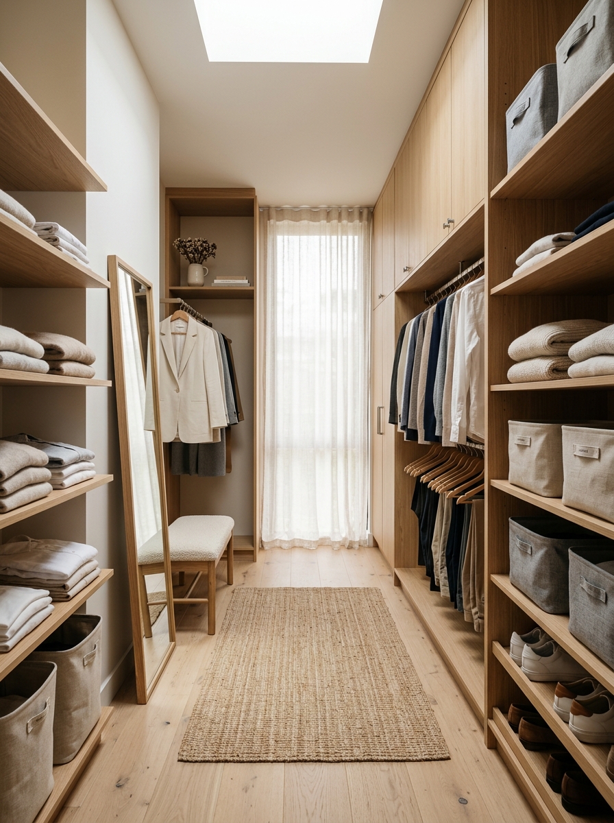 Scandinavian Warm Wood Closet with Soft Lighting