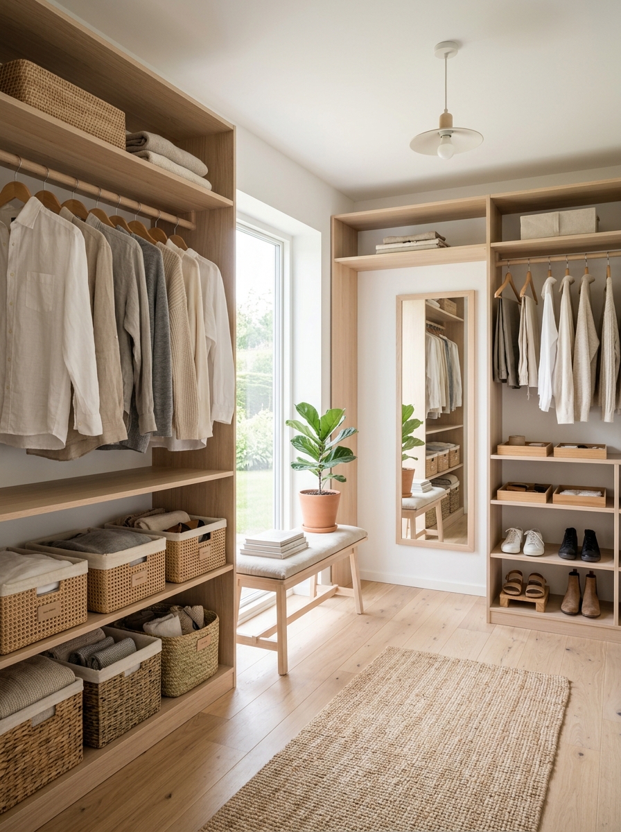 Bright Scandinavian Closet with Natural Textures