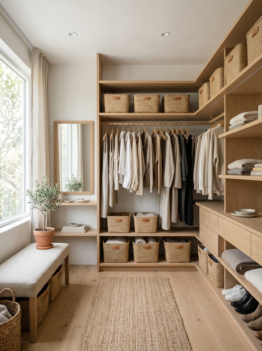 Bright Scandinavian Closet with Natural Textures