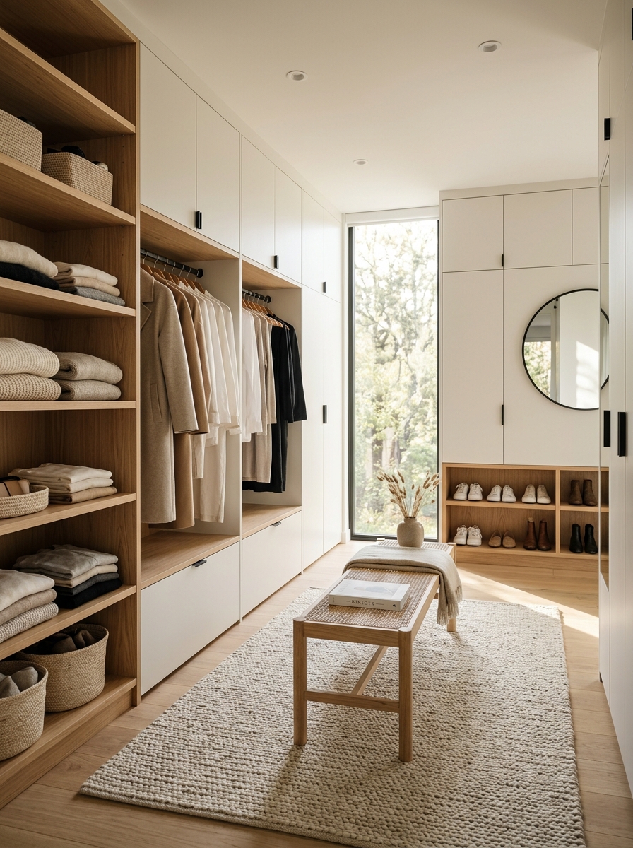 Scandinavian-Inspired Walk-In Closet with Light Wood Finishes