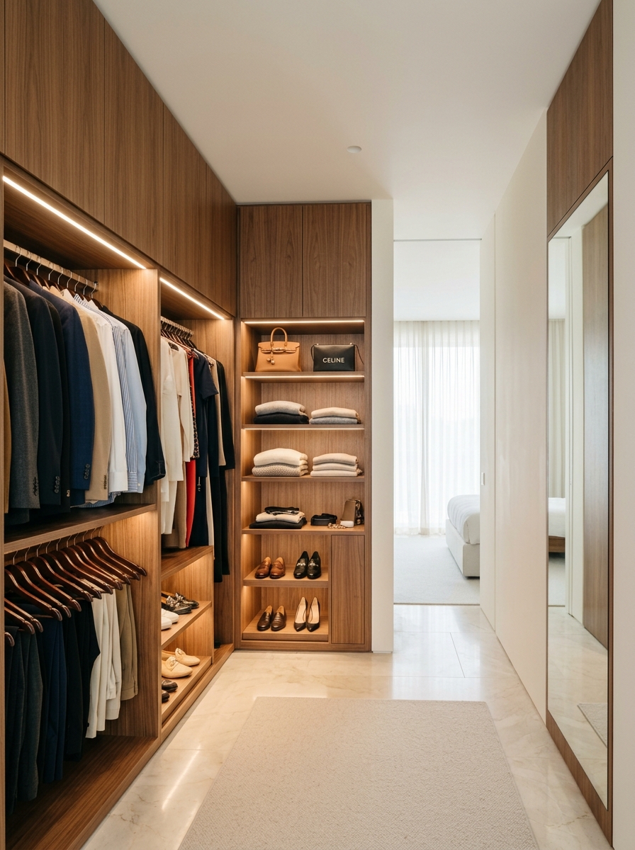Minimal Luxury Closet with Hidden Storage Design