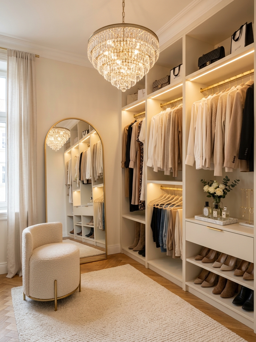 Minimal Glam Closet with Soft Statement Lighting