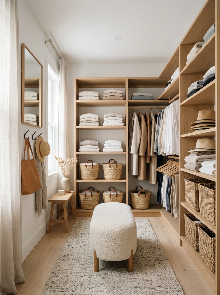 Scandinavian-Inspired Closet With Light Wood and Soft Textures