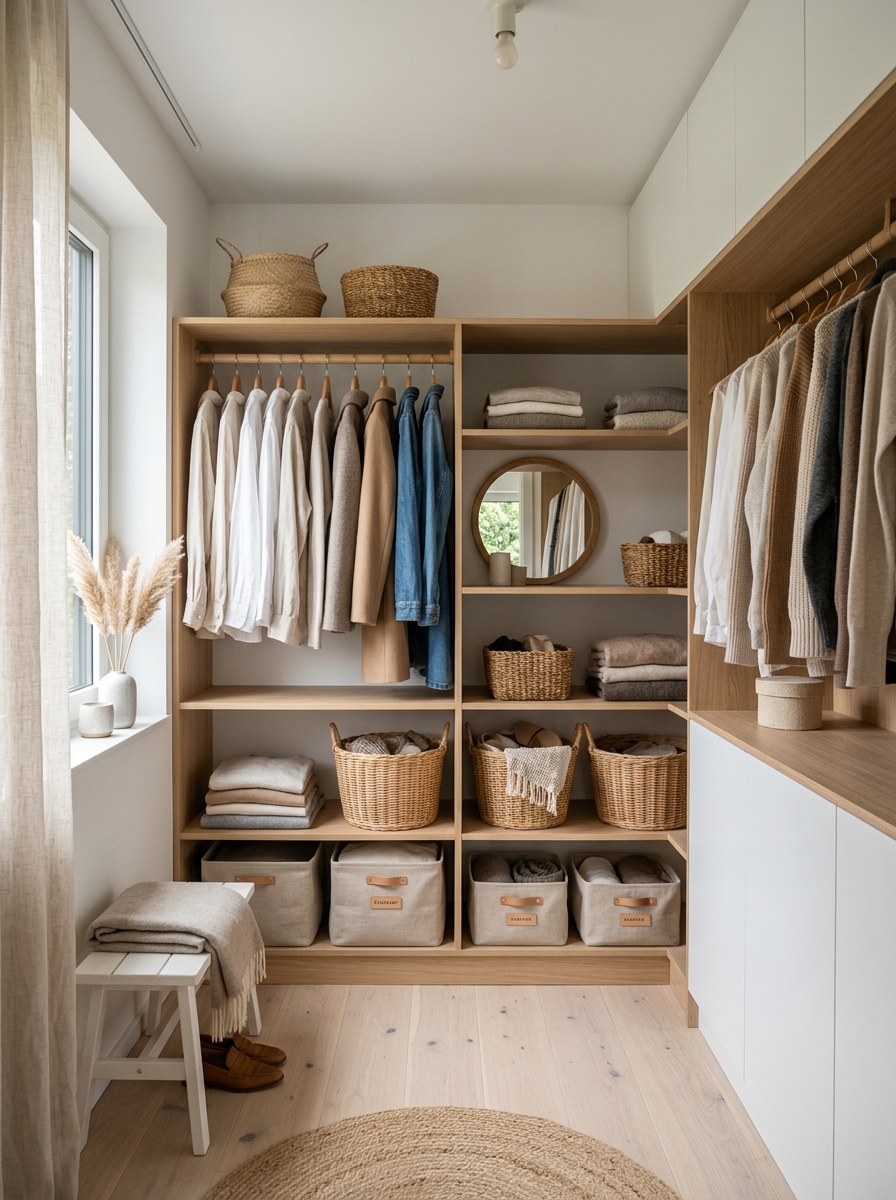 Scandinavian-Inspired Walk-In Closet with Natural Wood