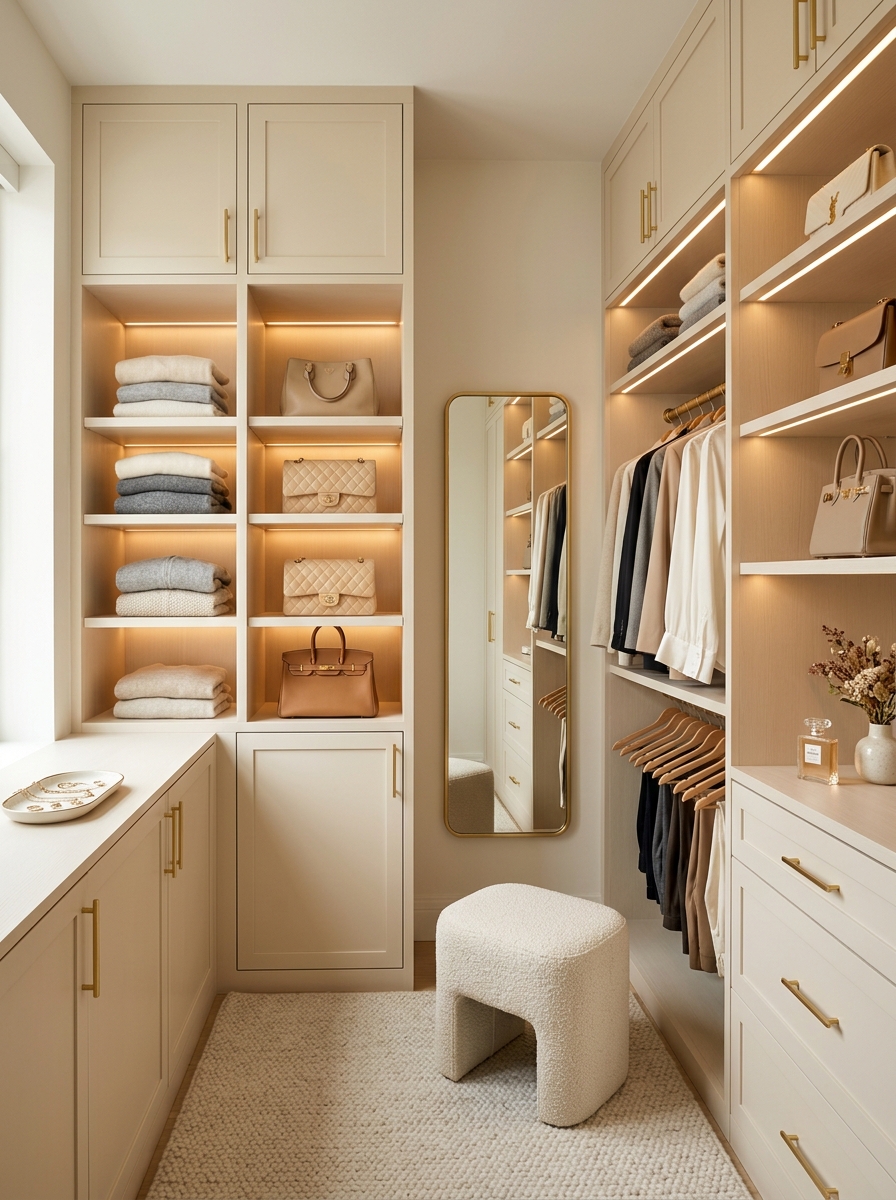 Soft Neutral Closet with Floor-to-Ceiling Storage