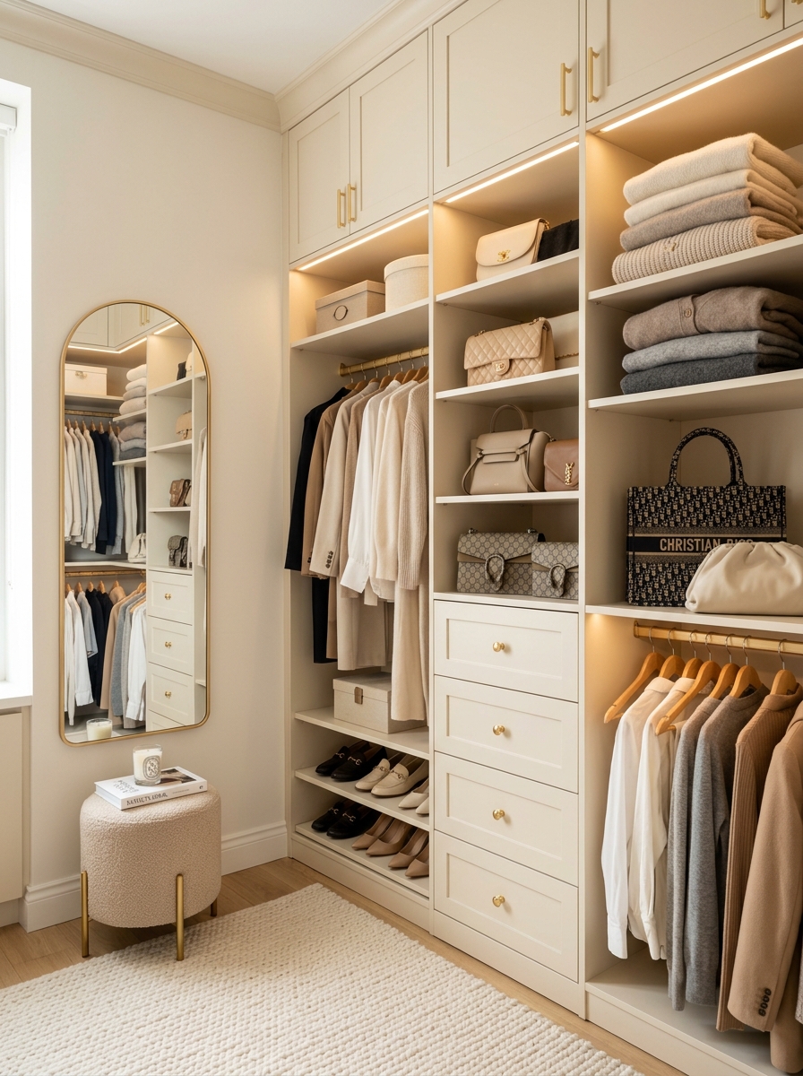 Soft Neutral Closet with Floor-to-Ceiling Storage