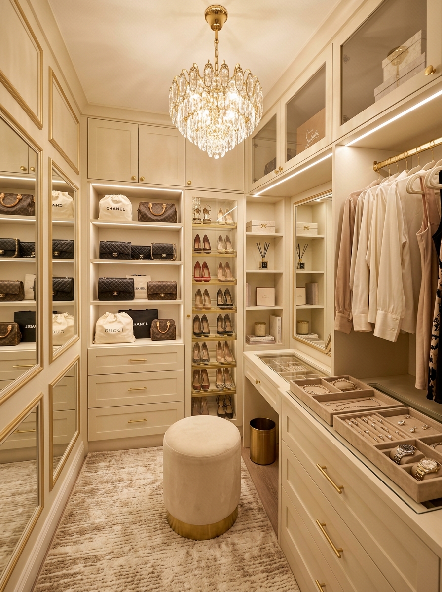Tiny Glam Closet With Soft Gold Accents