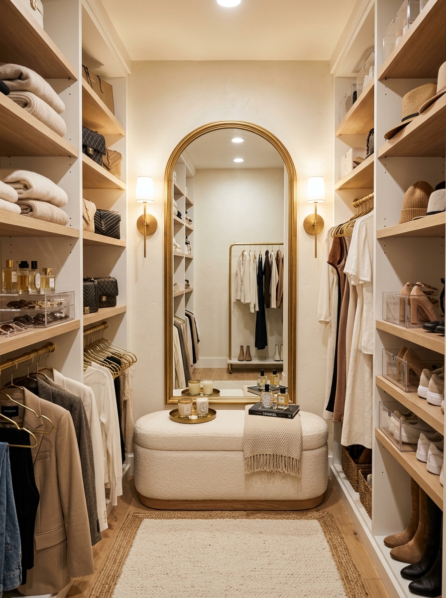 Tiny Walk-In Closet With a Statement Mirror
