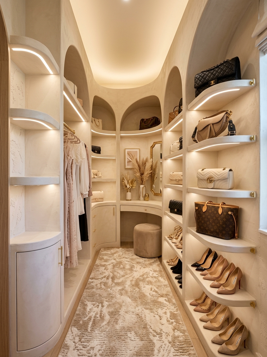 Tiny Walk-In Closet with Arched Shelving Details