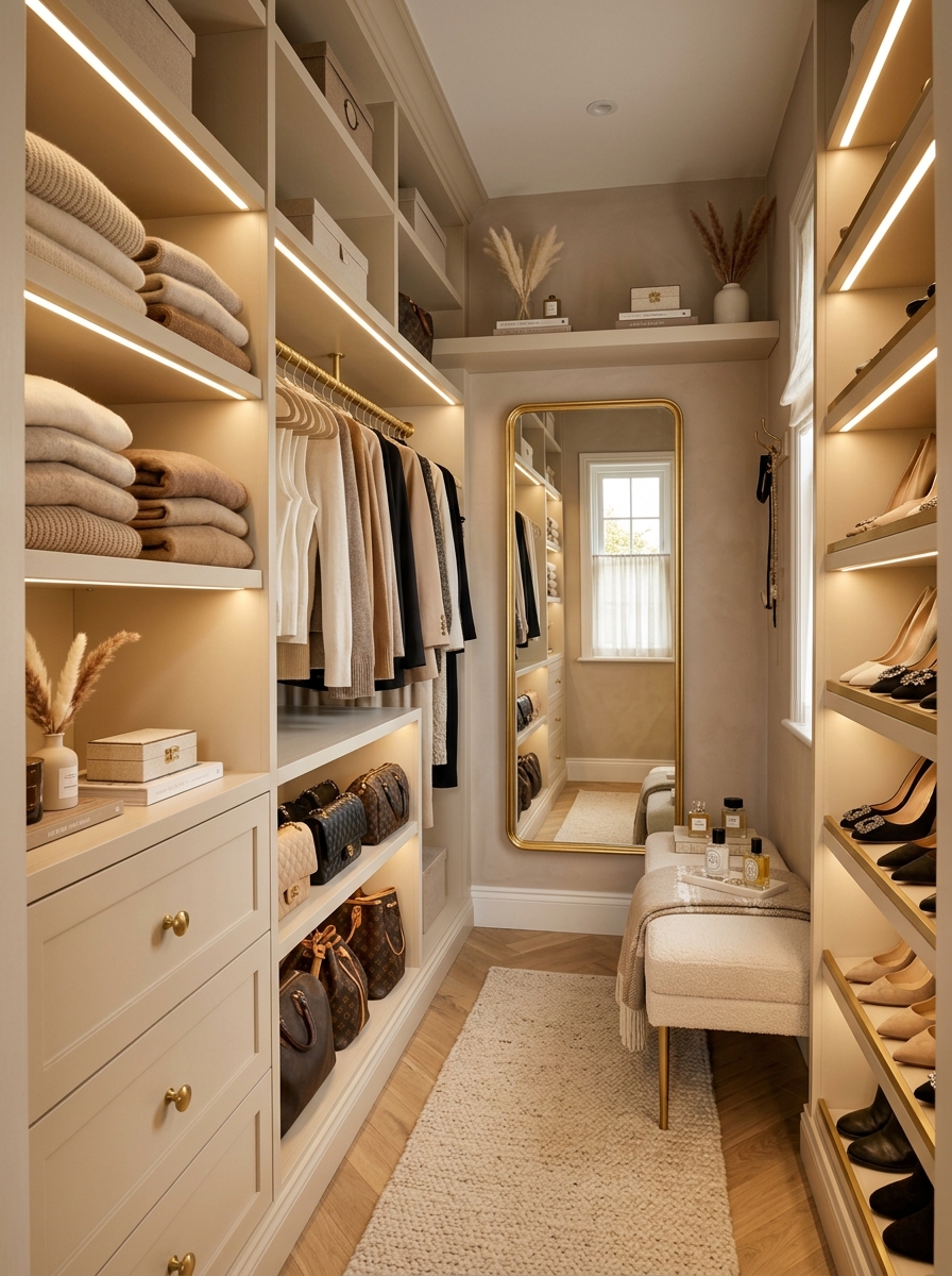 Warm Neutral Tiny Closet With Soft LED Lighting