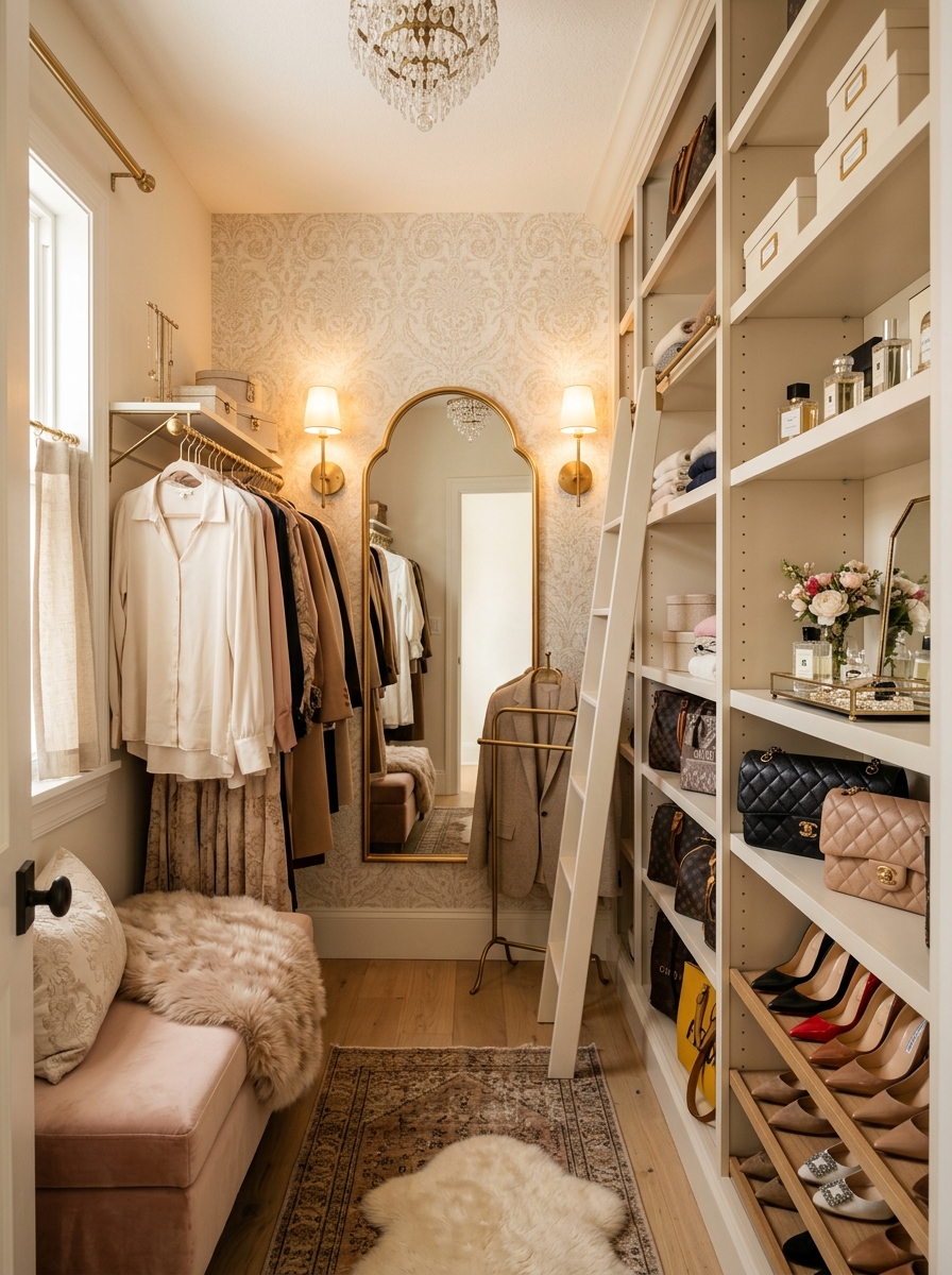 Tiny Walk-In Closet With Elegant Wallpaper Accents