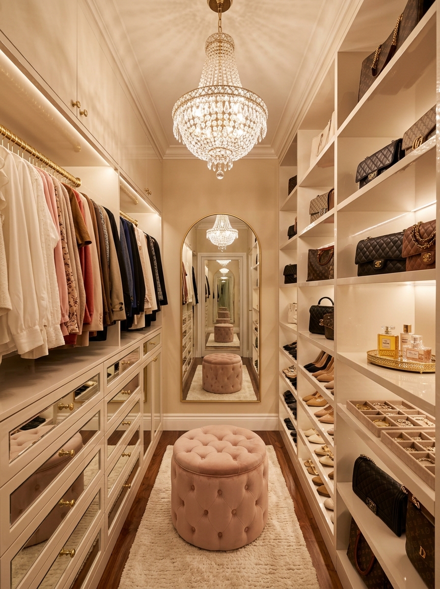 Compact Glam Closet With Crystal Lighting