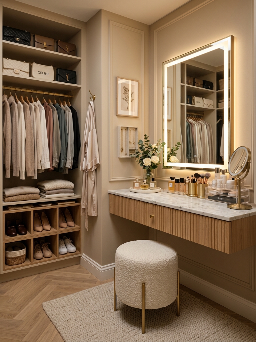 Luxury Closet With Built-In Vanity Corner