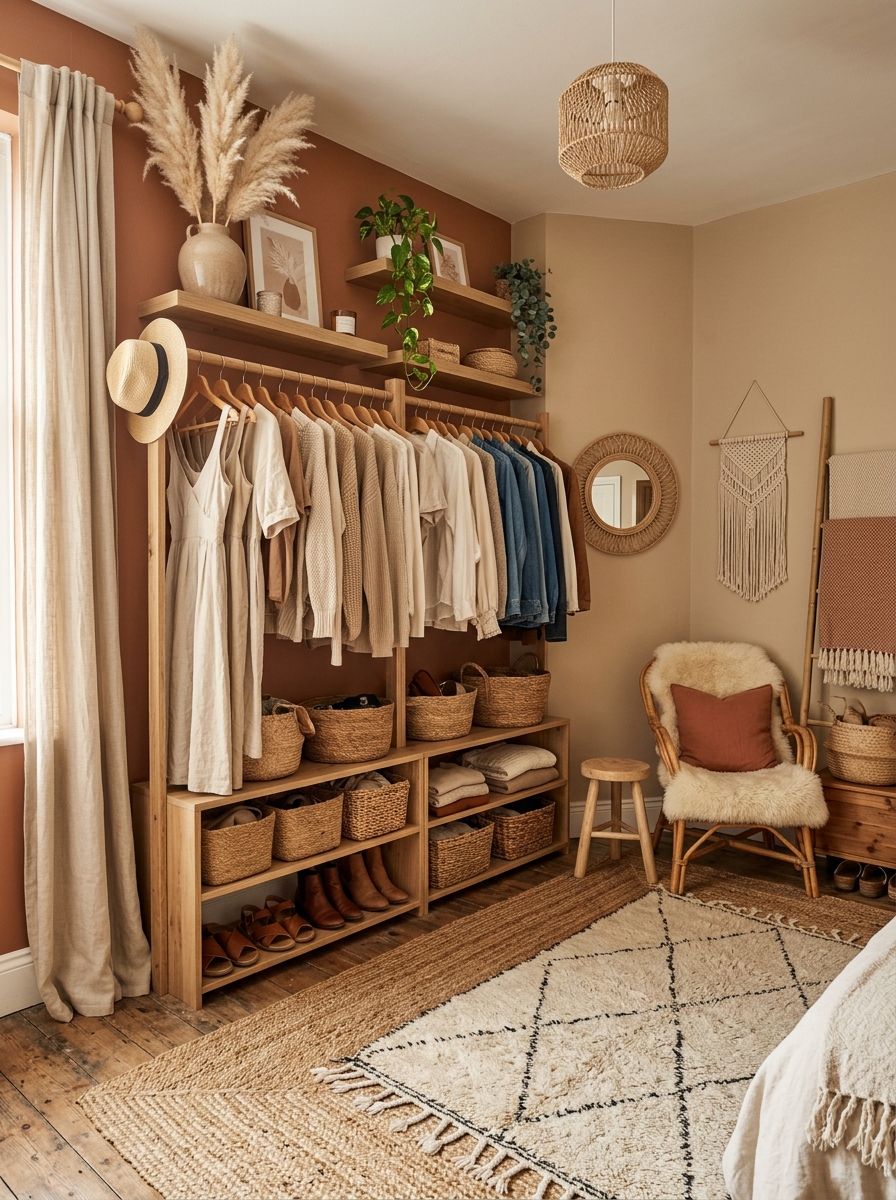 Cozy Boho Closet With Natural Textures and Earthy D&eacute;cor