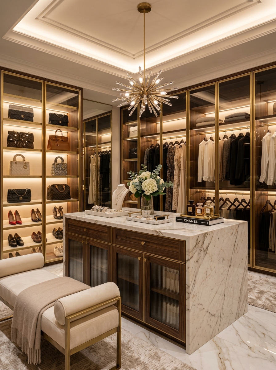 Boutique Walk-In Closet with Island Centerpiece
