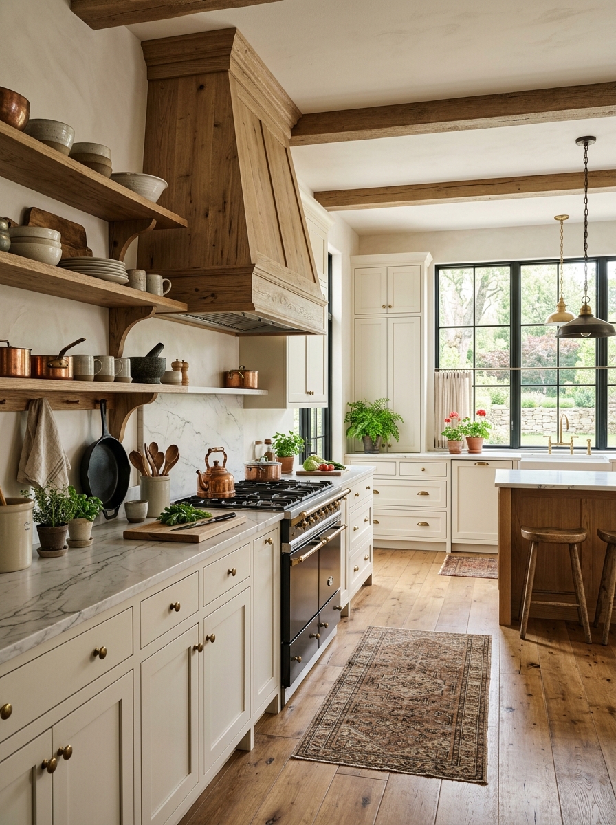 Farmhouse Kitchen With Statement Range Hood and Rustic Elegance