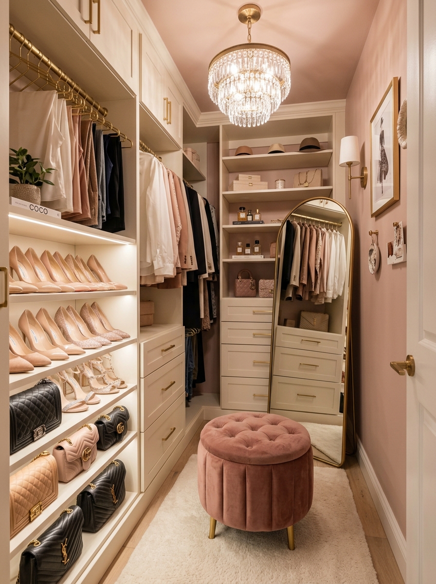 Feminine Blush and Gold Walk-In Closet