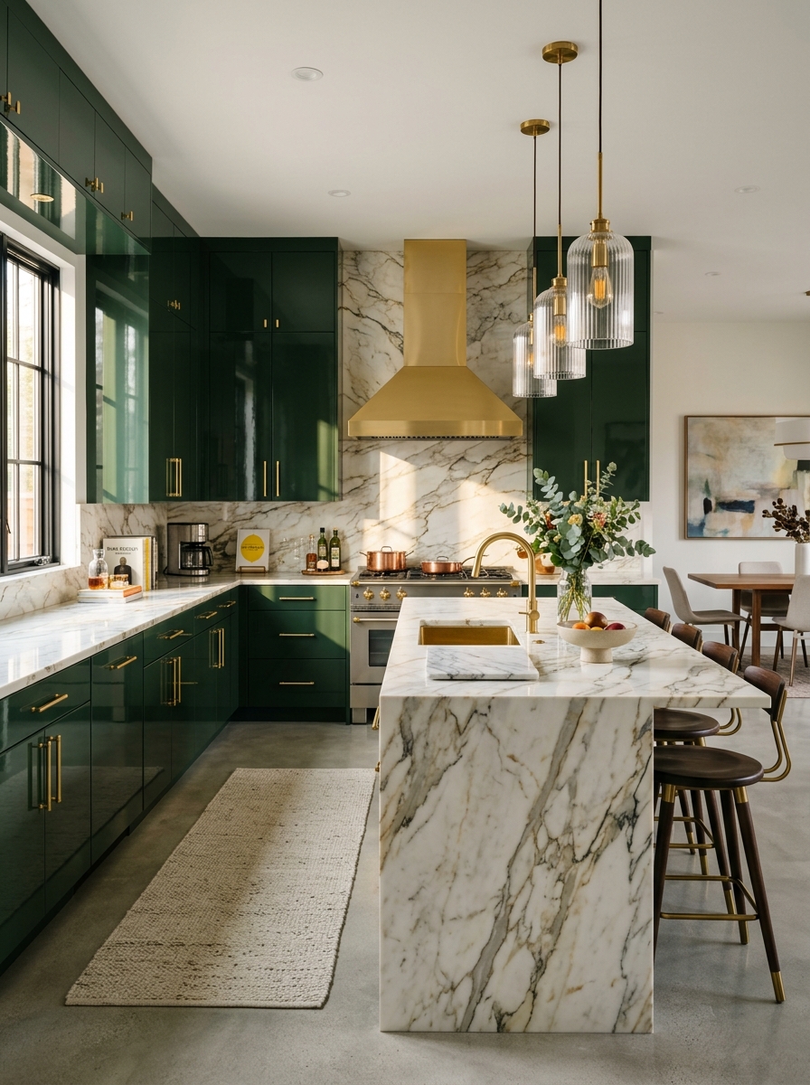 Luxe Dark Green Kitchen With High Gloss Finishes