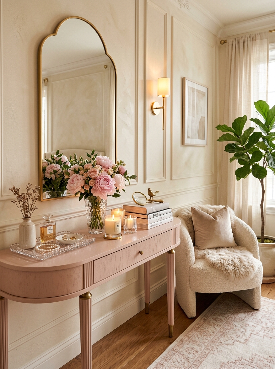Dreamy Luxe Apartment Console Table with Pink and Cream Palette