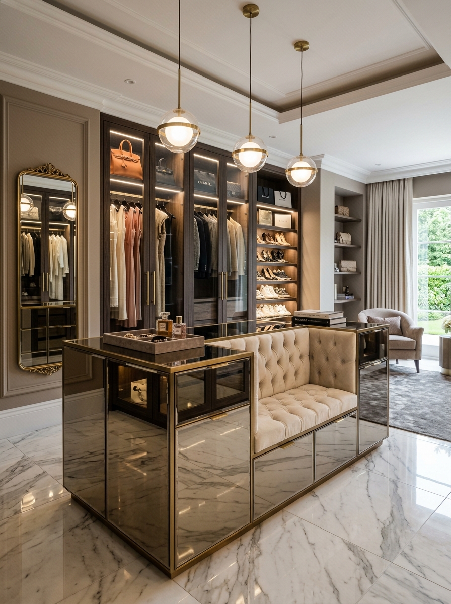 Mirrored Island Seating Closet Design