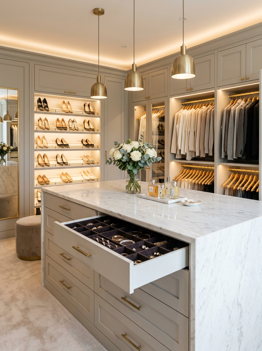 Luxury Closet With a Marble Island and Hidden Storage
